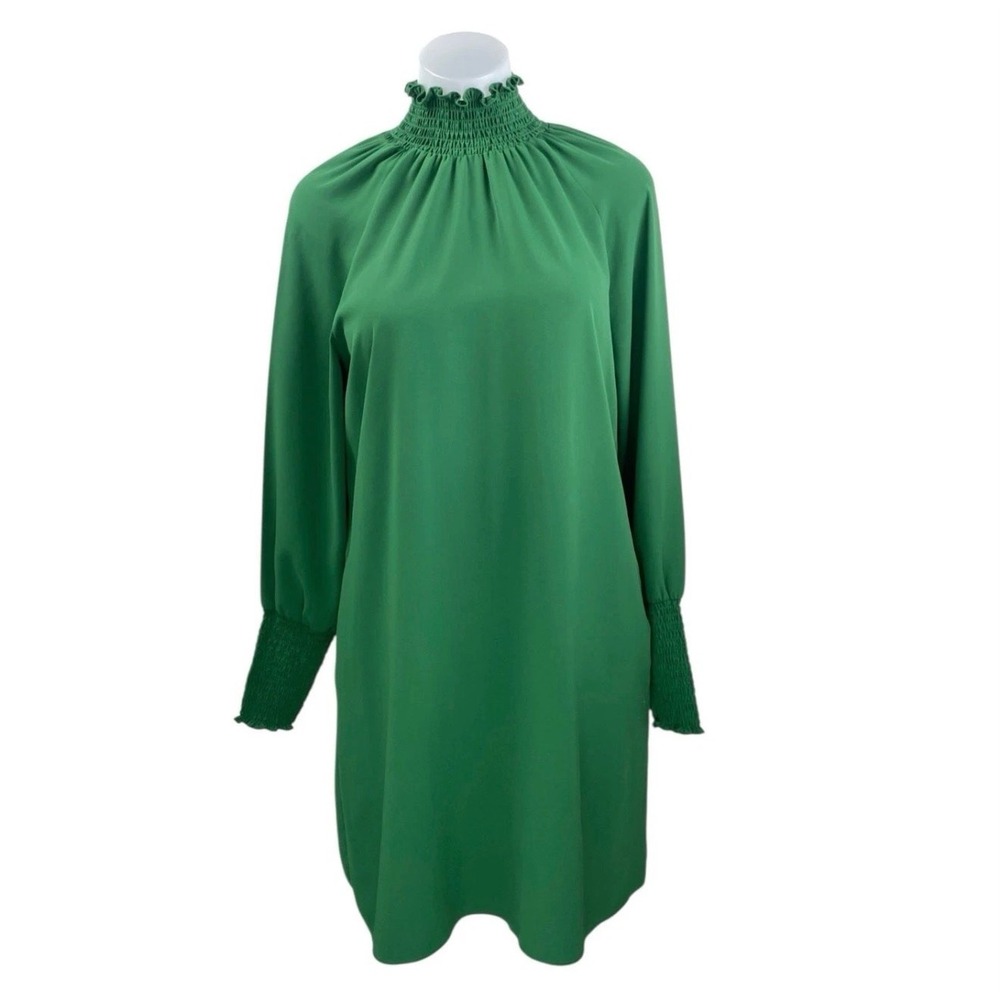 Amanda Uprichard Kelly Green Smocked High Neck Long Sleeve Mini Shift Dress Sz M